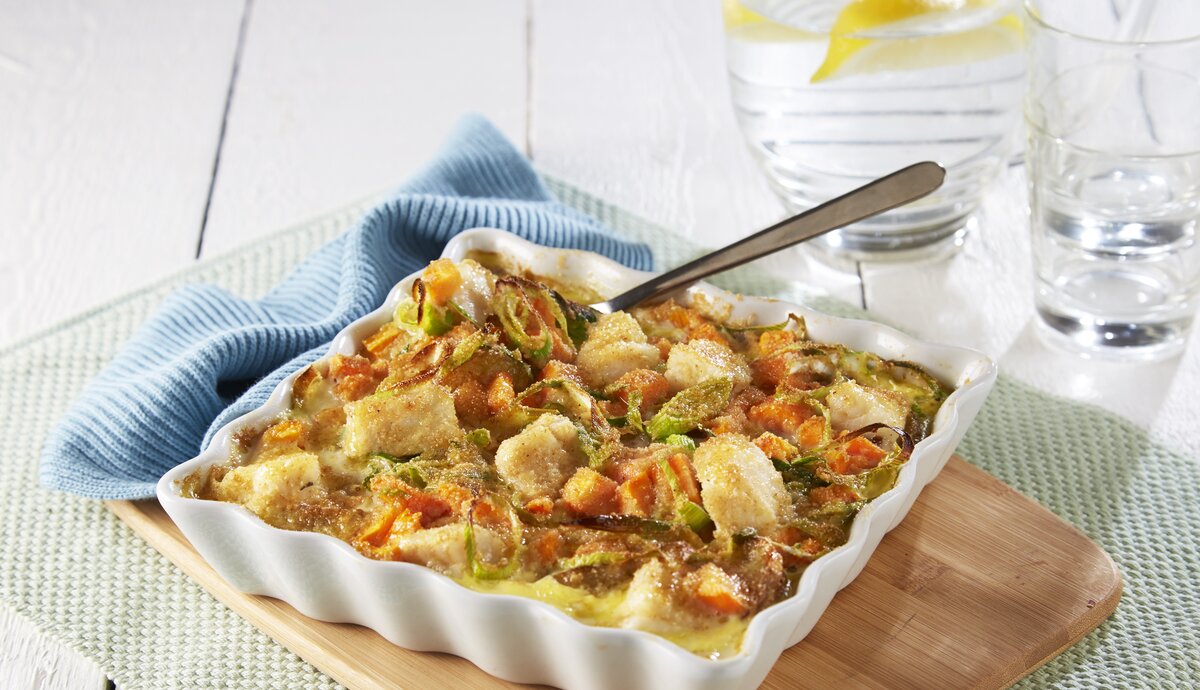 Torsk- og potetgrateng med sennep