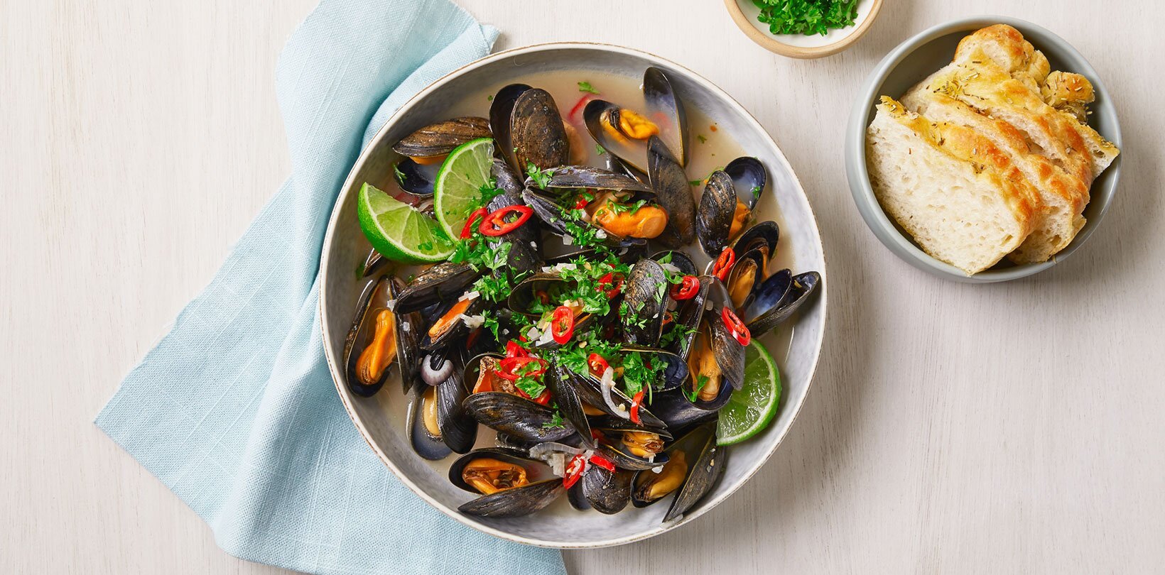 Dampede blåskjell med hvitløk og chili