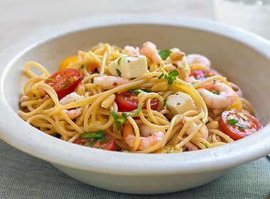 Spaghetti med reker og fetaost