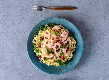 Pasta carbonara med reker